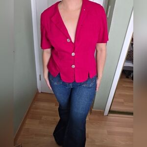 Vintage Red Button-Up Short Sleeve Blazer Top Career Office Party Size 14